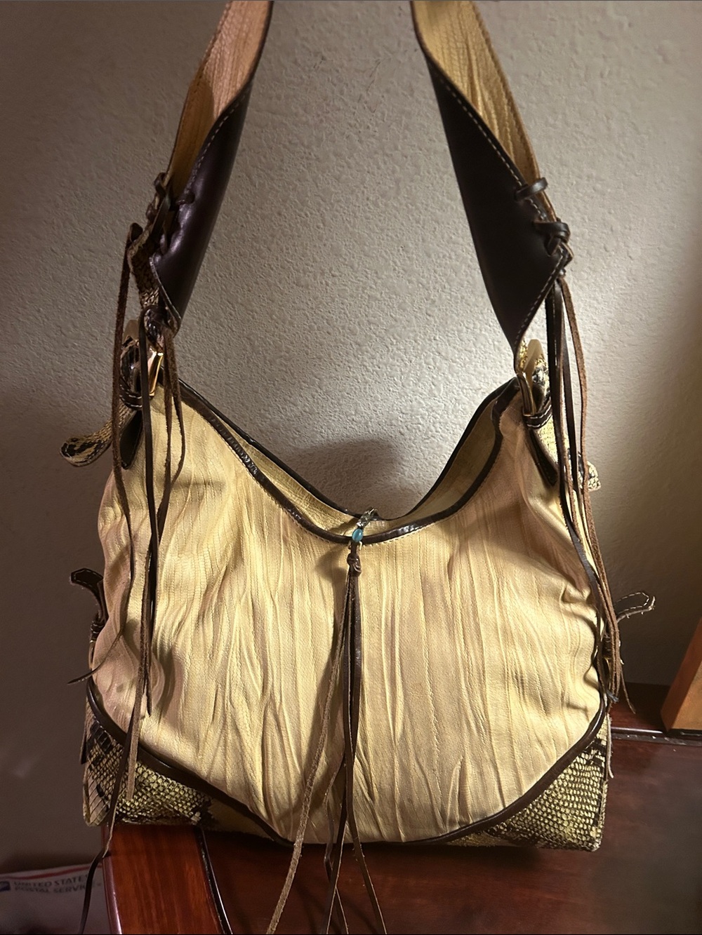 Soft Cream and Brown Shoulder Bag with Tassel Accent